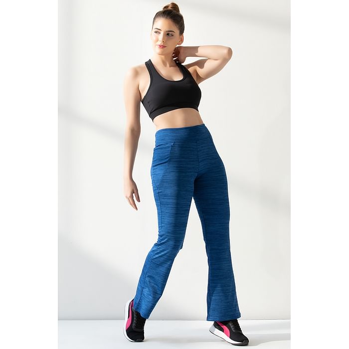 

Clovia High Waist Flared Yoga Pants in Dark Blue Melange with Side Pocket - AB0090A08, Navy