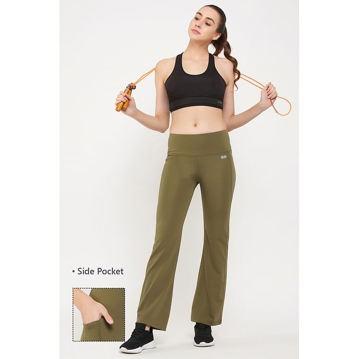

Clovia Comfort-Fit High Waist Flared Yoga Pants in Olive Green with Side Pocket - AB0090D17, Dark green