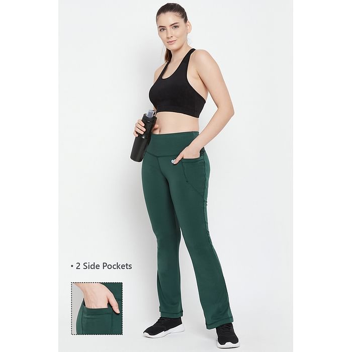 

Clovia High Waist Flared Yoga Pants in Pine Green with Side Pockets - AB0090A17, Dark green