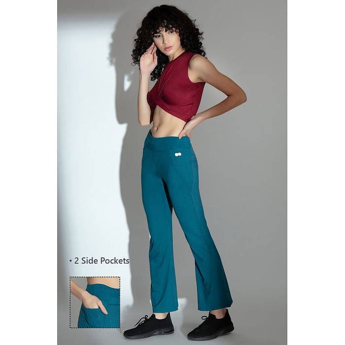 

Clovia High Waist Flared Yoga Pants in Teal Green with Sides Pockets - AB0090P36