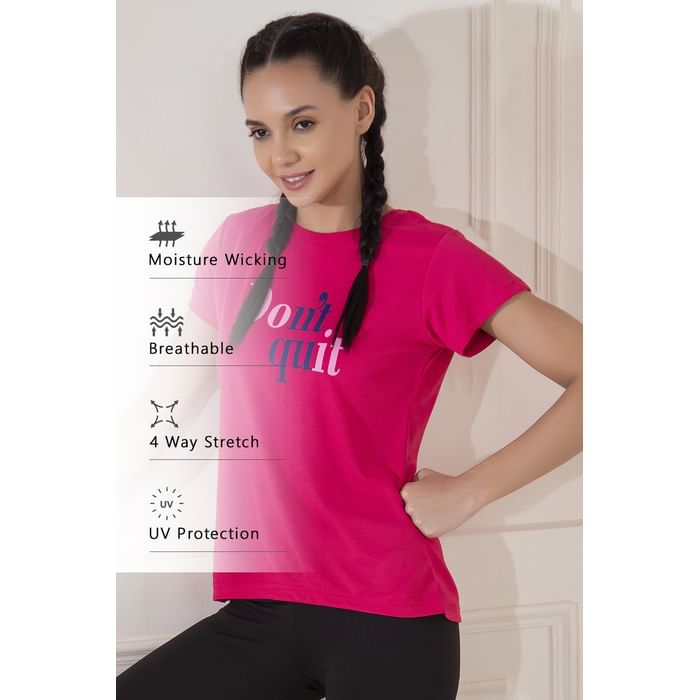 

Clovia Quick Dry Text Print Sports T-shirt in Light Pink with UV Protection - AT0160P22