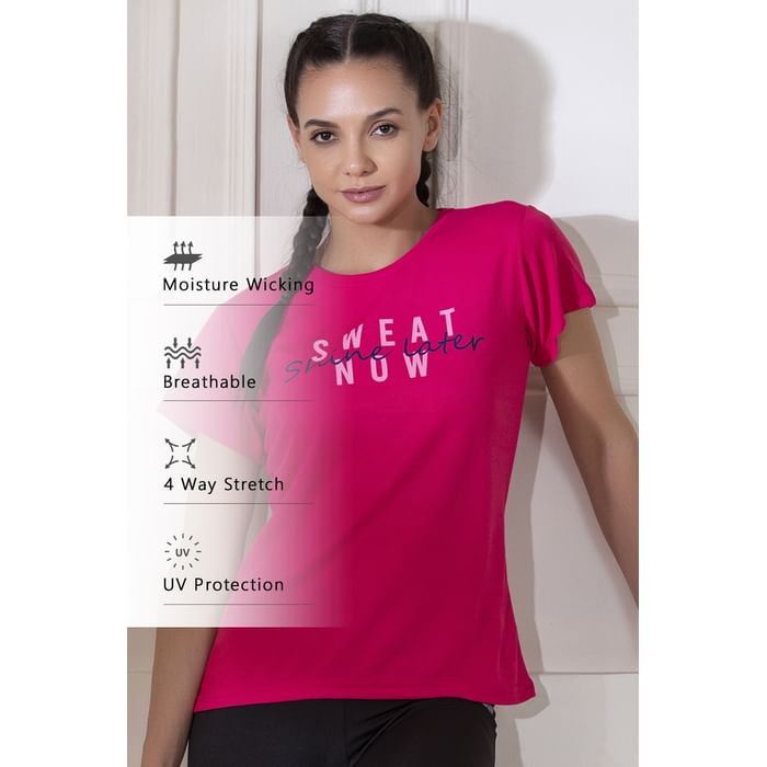 

Clovia Quick Dry Text Print Sports T-shirt in Light Pink with UV Protection - AT0161Q22