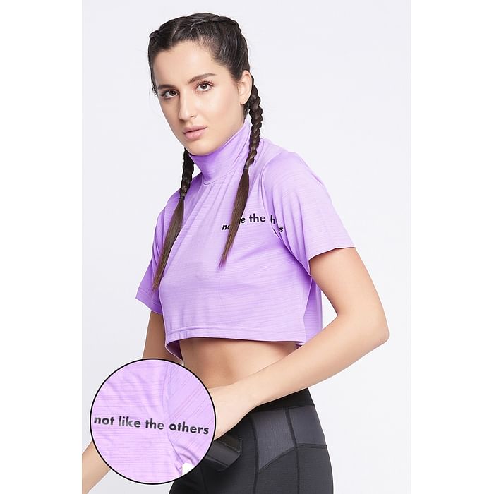 

Clovia Comfort Fit Text Print Turtleneck Active Crop Top in Lilac - AT0166P12, Lavender