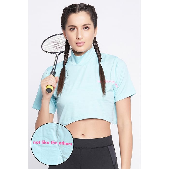 

Clovia Comfort Fit Text Print Turtleneck Active Crop Top in Sky Blue - AT0166P03, Light blue