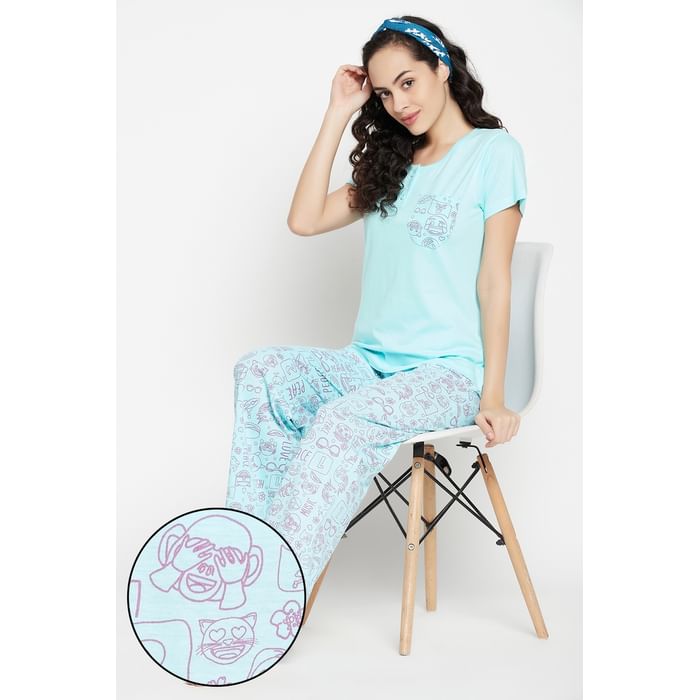

Clovia Emoji Print Top & Pyjama Set in Sky Blue - 100% Cotton - LS0522A03, Light blue