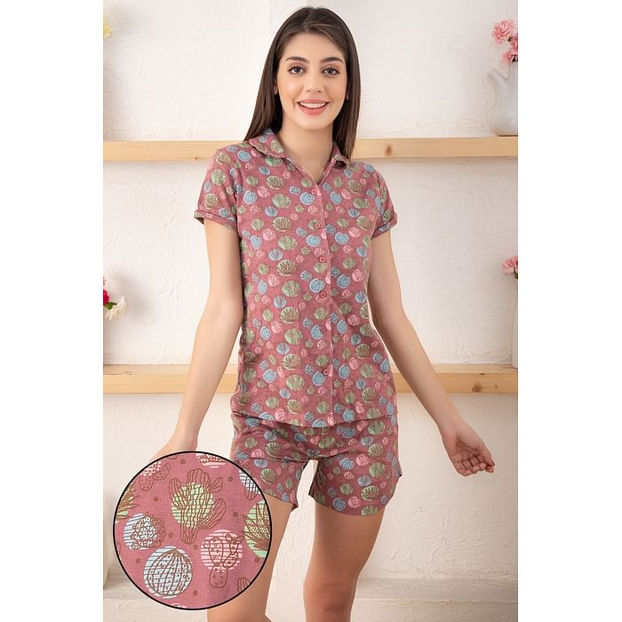 

Clovia Cool Cactus Button Down Shirt & Shorts Set in Dusty Pink - 100% Cotton - LS0094A15, Purple