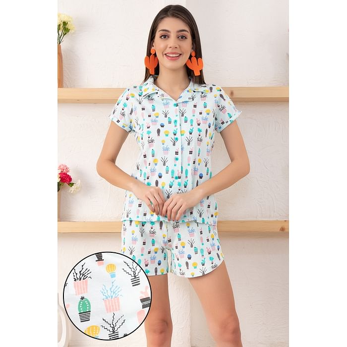 

Clovia Cool Cactus Button Down Shirt & Shorts Set in Sky Blue - 100% Cotton - LS0094A03, Light blue