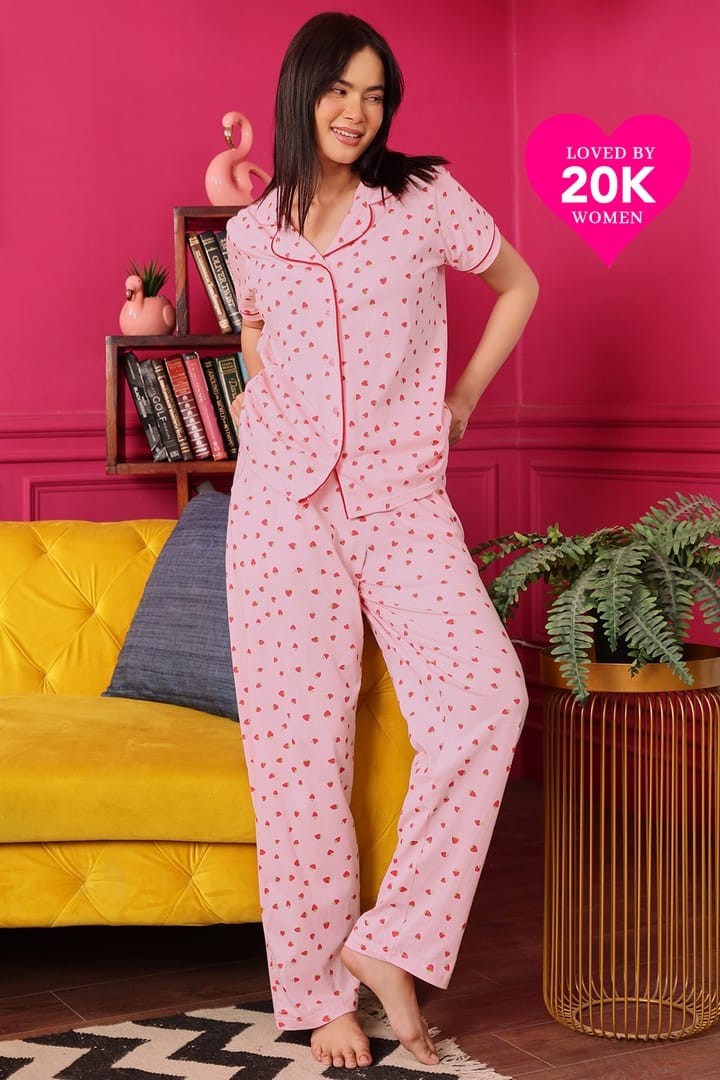 Buy Strawberry Print Button Down Night Suit in Baby Pink 100