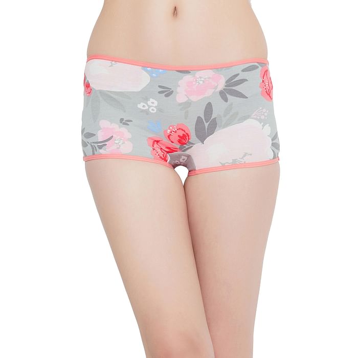 

Clovia Mid Waist Floral Print Boyshorts in Grey - Cotton - PN2350I01, Light grey