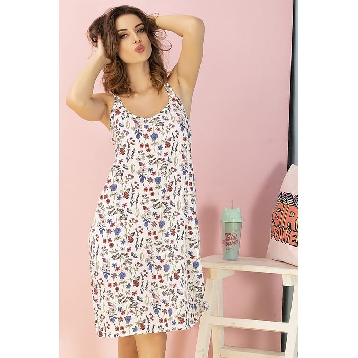 

Clovia Cotton Floral Print Short Nightdress with Crossback In White - NS1207P18