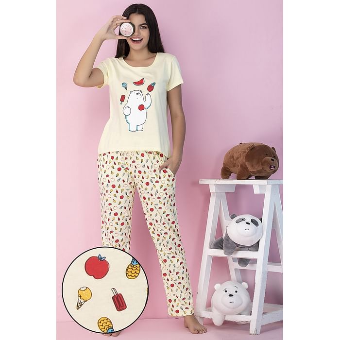 

Clovia Cotton Fruit Print T-shirt & Pyjama Set - LSC126P02, Light yellow