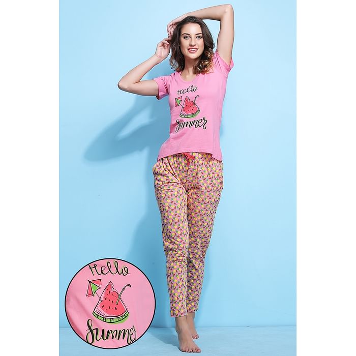 

Clovia Fruit Print Top & Pyjama in Pink - Cotton - LS0452P22, Light pink