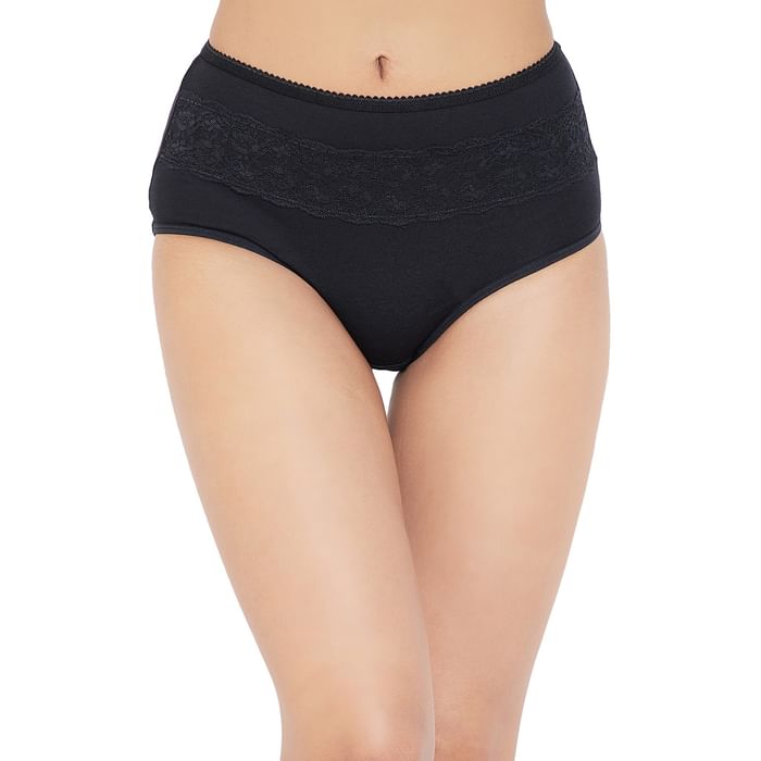 

Clovia Cotton High Waist Hipster Panty with Lace Insert In Black - PN3216P13