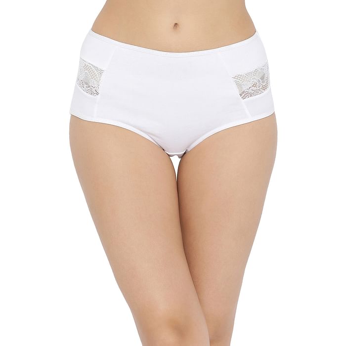

Clovia Cotton High Waist Hipster Panty with Lace Inserts - PN2962P18, White