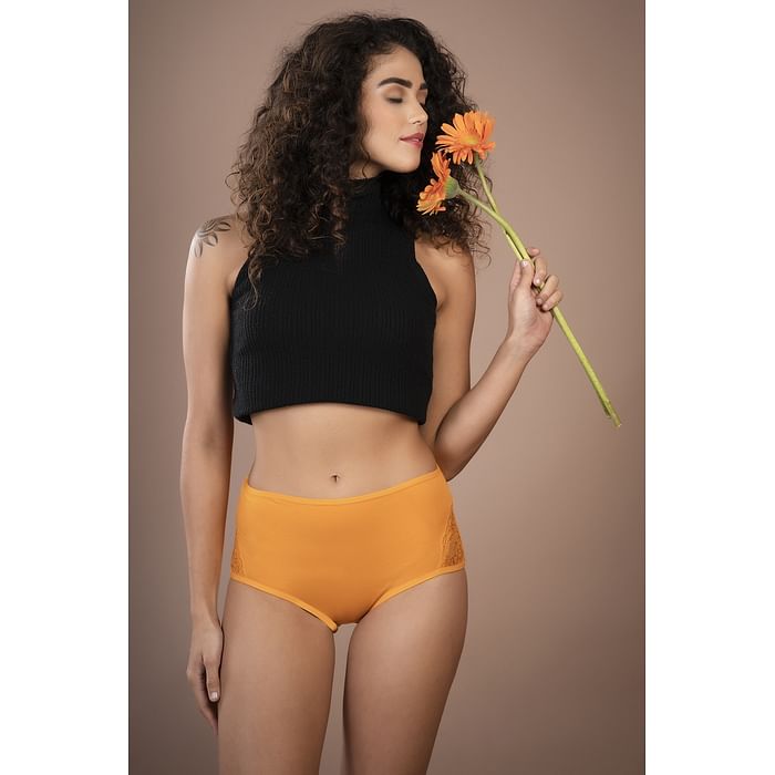

Clovia Cotton High Waist Hipster Panty with Lace Panel - PN1057P16, Orange