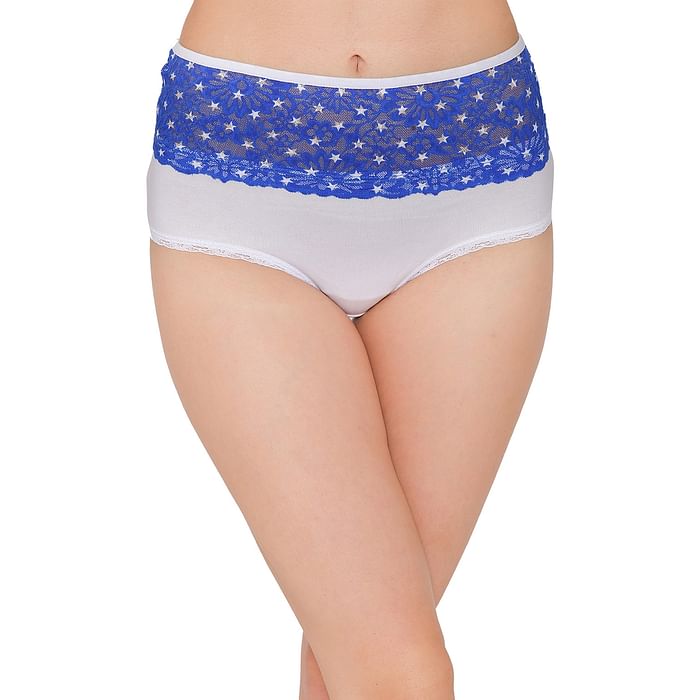 

Clovia Cotton High Waist Hipster Panty with Star Print Lace Waist In White - PN3301P18