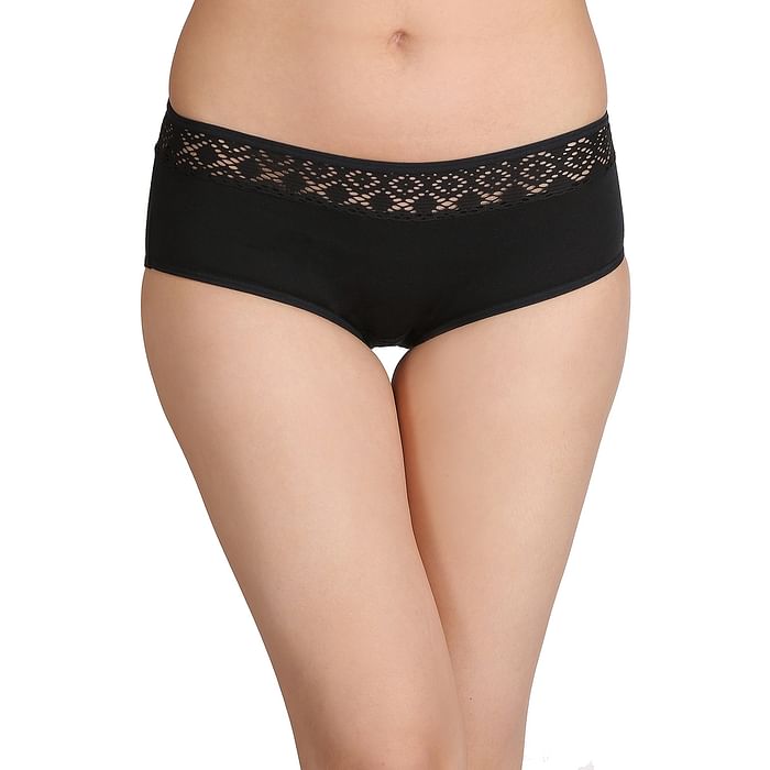 

Clovia Cotton High Waist Hipster Panty with Lacy Waist - PN2195P13, Black