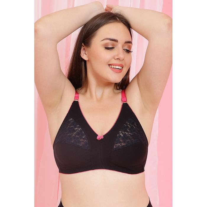 

Clovia Cotton & Lace Non-Padded Non-Wired Full Cup Bra in Black - BR1054R13