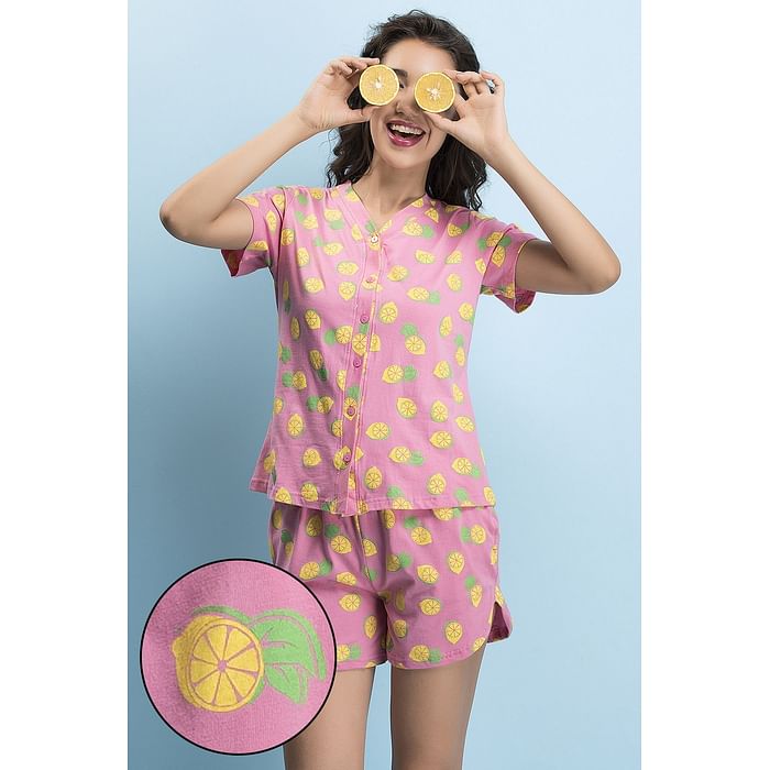 

Clovia Button Me Up Lemon Print Top & Shorts in Pink - Cotton - LS0460P22, Light pink