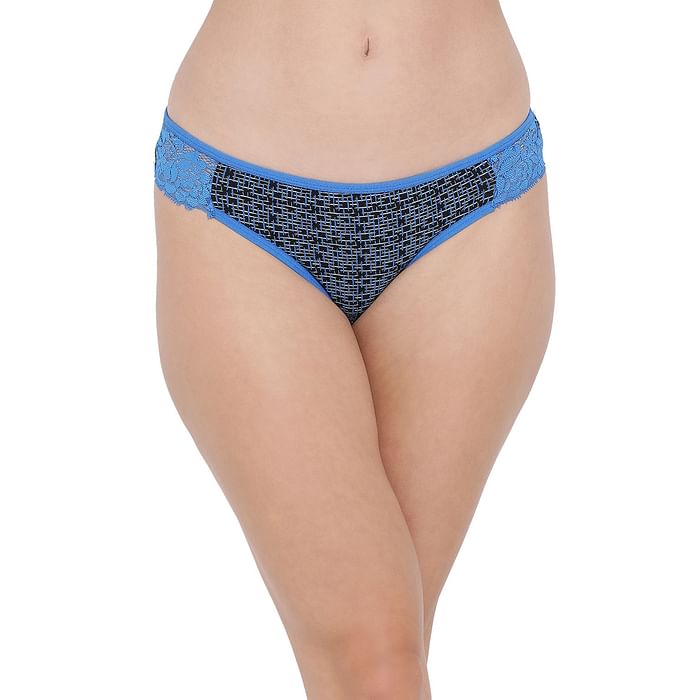 

Clovia Cotton Low Waist Printed Bikini Panty with Lace Wings In Blue - PN3298D08, Navy
