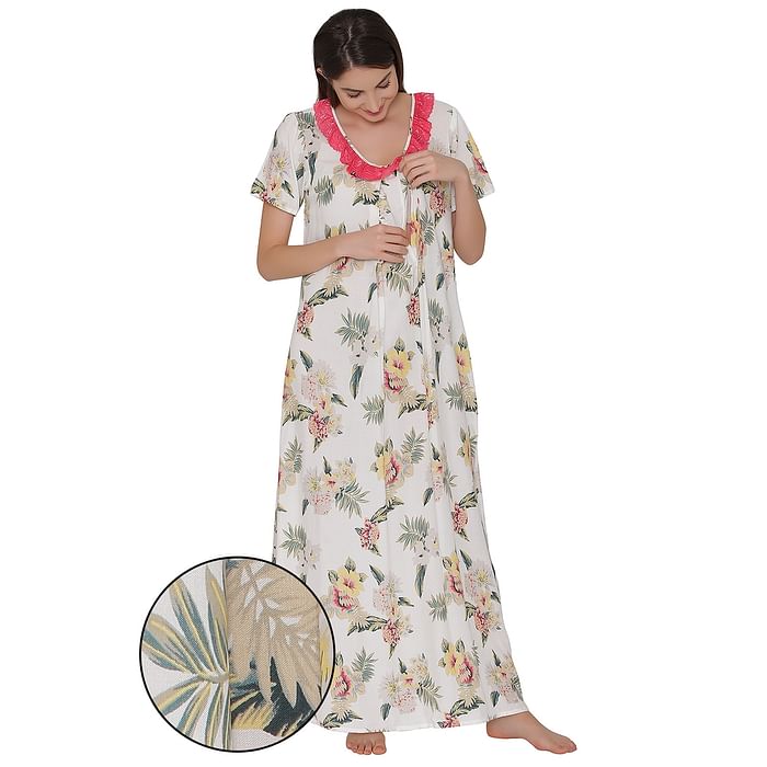 

Clovia Print Me Pretty Maternity Nightdress in White - Cotton - NS0853R18