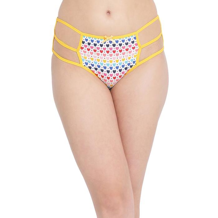 

Clovia Cotton Mid Waist Heart Print Hipster Panty with Cage Sides In Yellow - PN3228P02, Light yellow