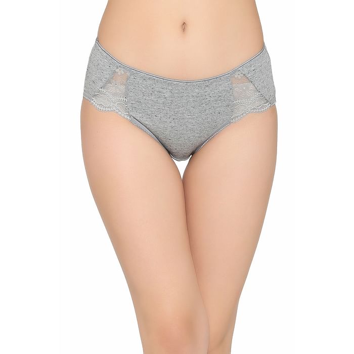

Clovia Cotton Mid Waist Hipster Panty with Lace Inserts - PN2705P01, Light grey