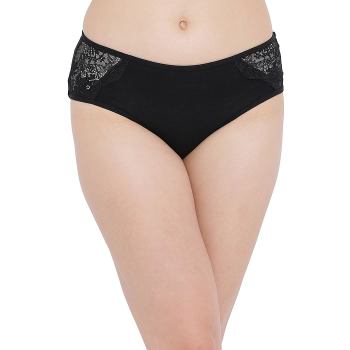 

Clovia Cotton Mid Waist Hipster Panty with Lace Panels - PN5020R13, Black