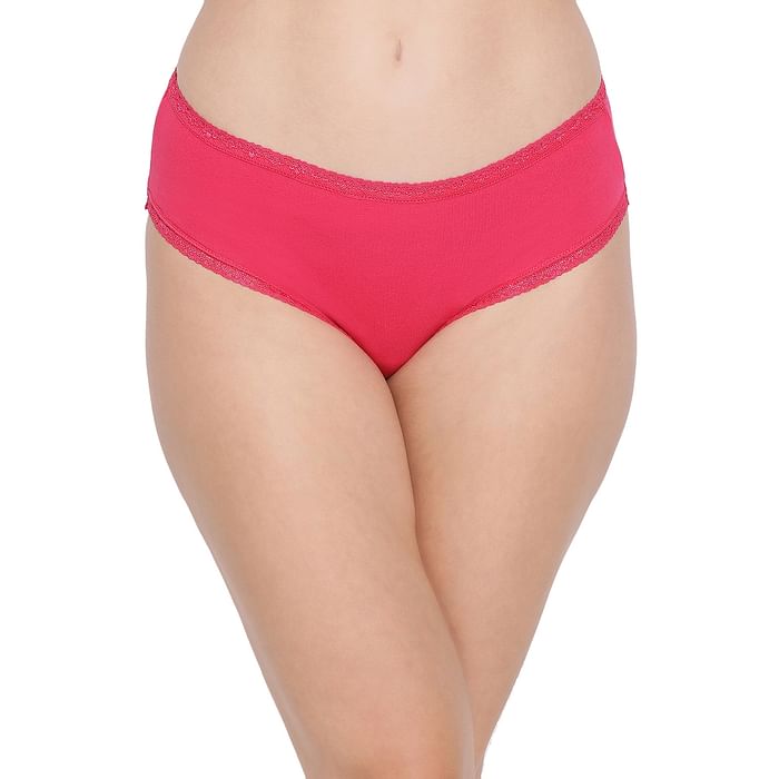 

Clovia Cotton Mid Waist Hipster Panty with Lace Trims - PN3356P14, Pink