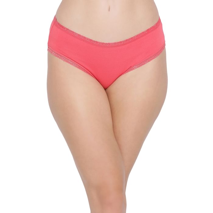 

Clovia Cotton Mid Waist Hipster Panty with Lace Trims - PN5022P14, Pink