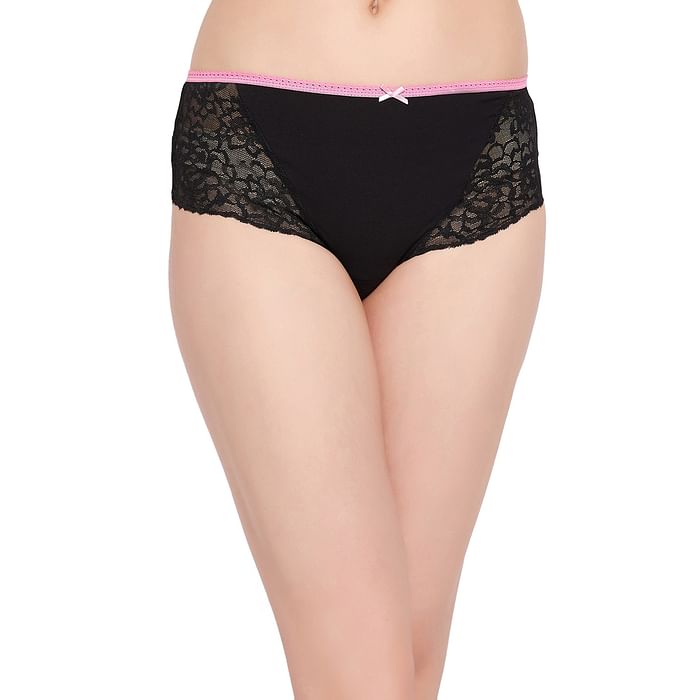 

Clovia Cotton Mid Waist Hipster Panty with Lace Wings - PN2689P13, Black