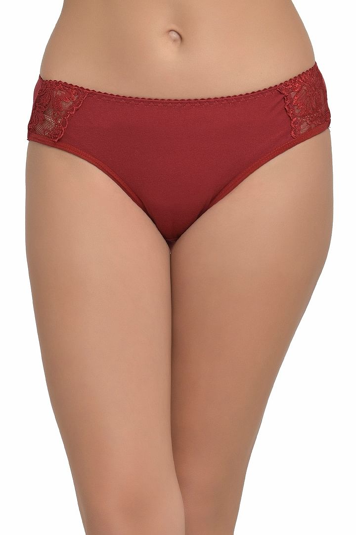 Buy High Waist Hipster Panty in Red with Lace Panels - Cotton