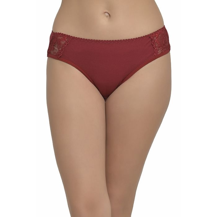 

Clovia Cotton Mid Waist Hipster Panty with Lace Panels - PN2808P09, Maroon