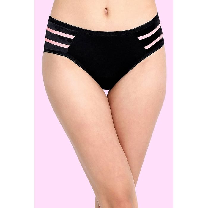 

Clovia Cotton Mid Waist Hipster Panty with Powernet Panels - PN2866P13, Black