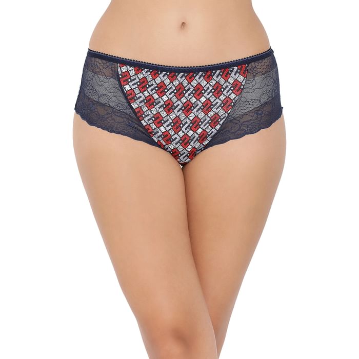 

Clovia Cotton Mid Waist Printed Hipster Panty with Lace Waist In Blue - PN3207P08, Navy