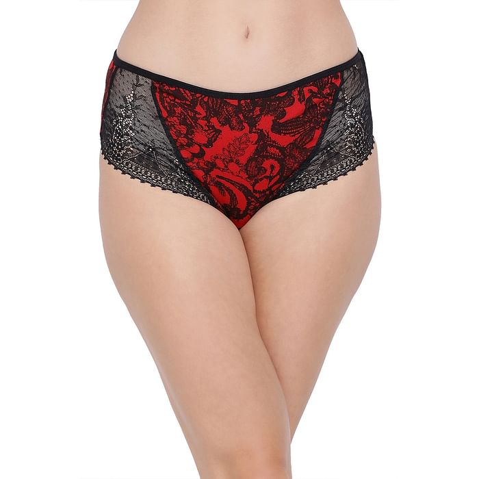 

Clovia Cotton Mid Waist Printed Hipster Panty with Lace Wings - PN2755P04, Red