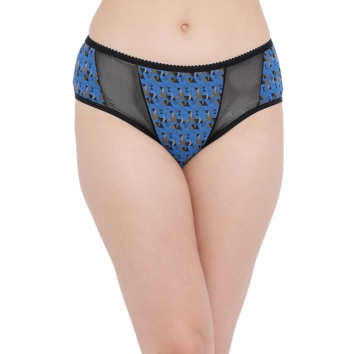 

Clovia Cotton Mid Waist Printed Hipster Panty with Sheer Inserts In Blue - PN2670P05, Dark grey