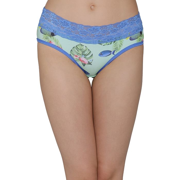 

Clovia Cotton Mid Waist Tropical Print Hipster Panty with Lace Waist - PN3195P11, Light green