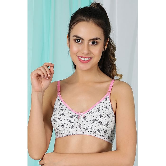 

Clovia Cotton Non-Wired Non-Padded Grey Floral Print Bra - BR0922M22, Light pink