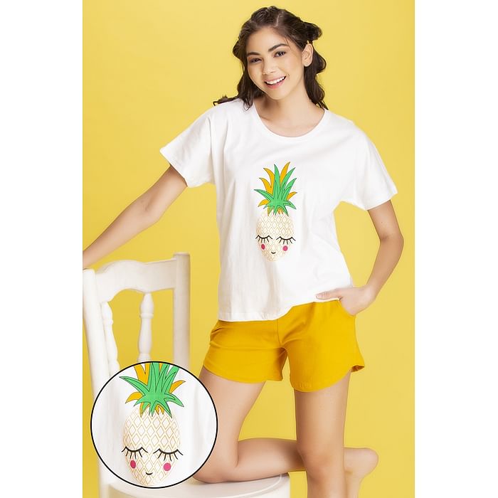 

Clovia Pineapple Print Top & Shorts in White & Yellow - Cotton - LS0451P18