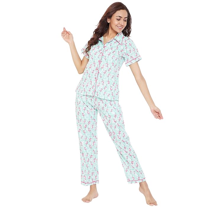 

Clovia Cotton Printed Button Down Shirt & Pyjama - LS0385R11, Light green