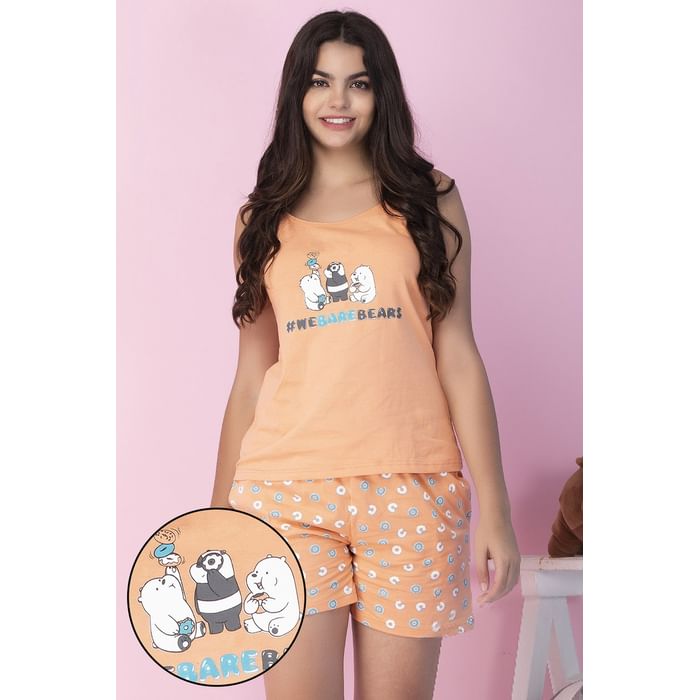 

Clovia Cotton Printed Cross-Back Sleeveless Top & Shorts - LSC127P16, Orange