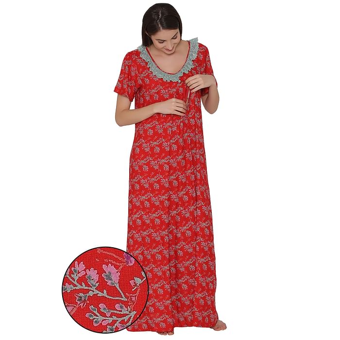 

Clovia Cotton Printed Maternity Nightwear - NS0853R04, Red