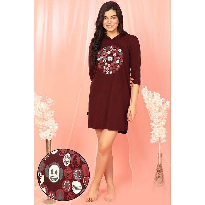 

Clovia Christmas Print Short Night Dress in Maroon - 100% Cotton - NS1234P09