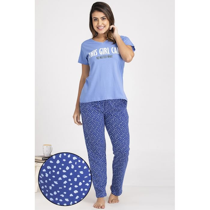 

Clovia Cotton Printed Top & Pyjama Set - LSC135P08, Navy