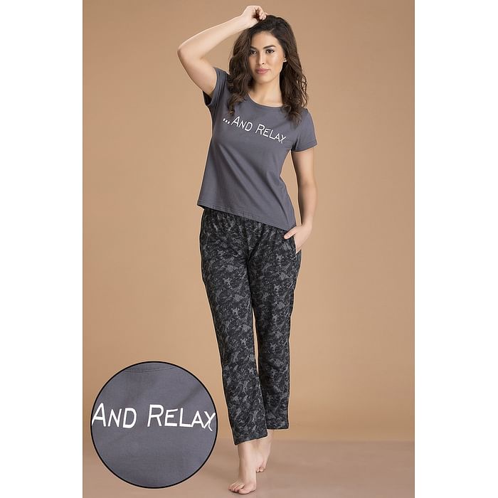 

Clovia Cotton Printed Top & Pyjama - LSC126P05, Dark grey