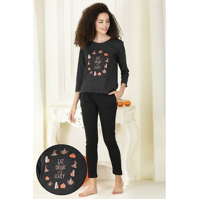 

Clovia Cotton Printed Top & Pyjama Set - LSC131P05, Dark grey