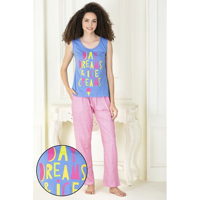 

Clovia Sorbet Top & Pyjama Set in Blue & Pink- Cotton - LSC176P22, Light pink
