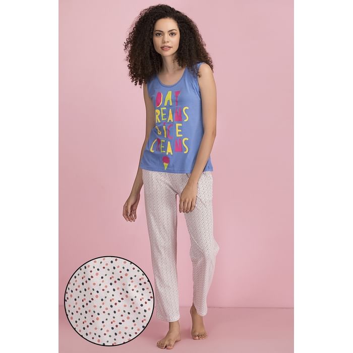 

Clovia Sorbet Top & Pyjama Set in Blue & White- Cotton - LSC130P12, Lavender