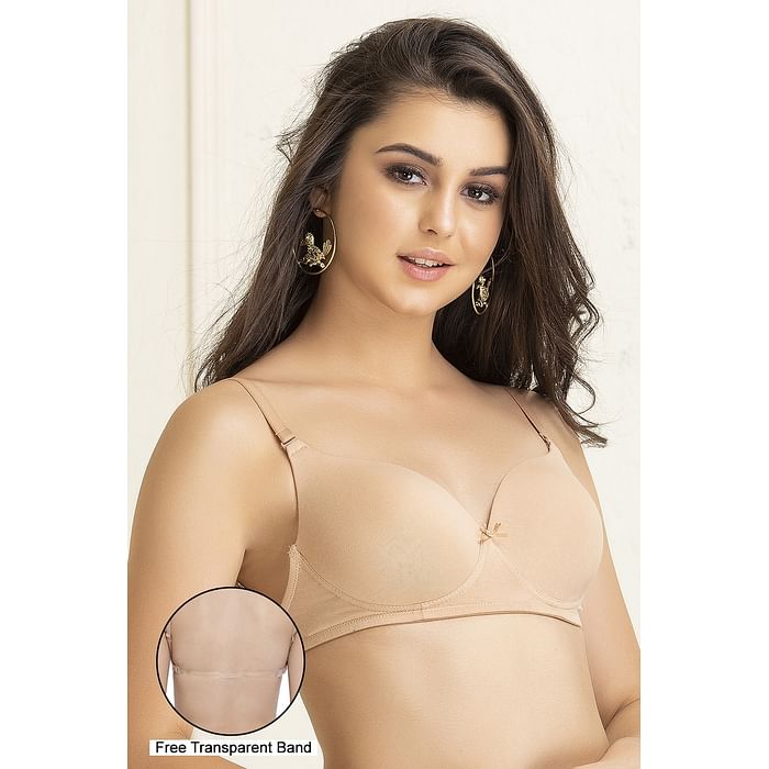 

Clovia Invisi Lightly Padded Non-Wired Full Cup Multiway Backless T-Shirt Bra in Nude Colour with Transparent Straps & Band - Cotton Rich - BR1926P24